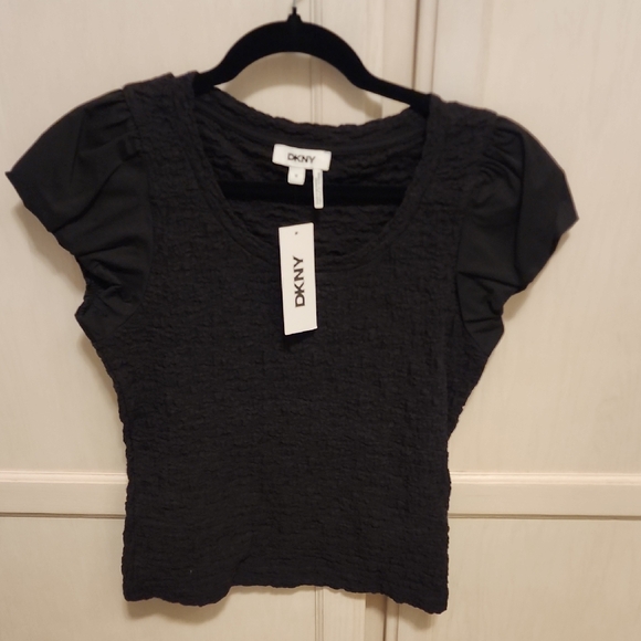 Dkny Tops - DKNY Black Fitted Smocked Cap Sleeve Blouse